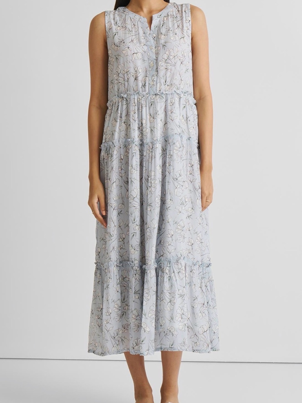 Light Blue Floral Sleeveless Tiered Maxi Dress